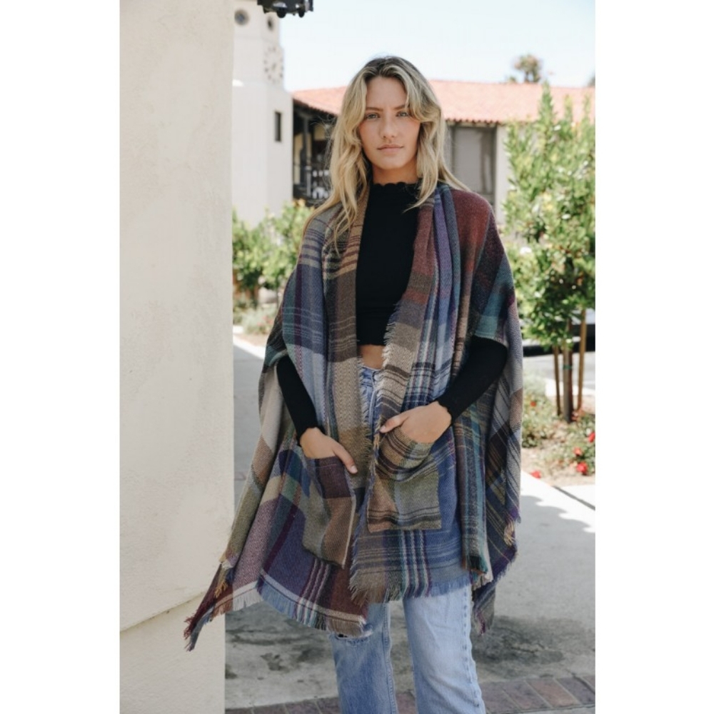 Plaid Pocket Ruana Poncho Blanket Sweater Scarf - Picture 6 of 7